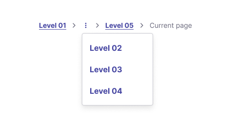 Imagem representando o componente breadcrumb contendo 6 níveis, sendo o primeiro e o quinto em formato de link,  o último como página atual e os demais exibidos na listbox suspensa no breadcrumb.