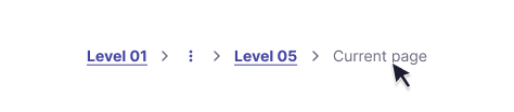 Imagem representando um breadcrumb com 5 níveis e o ponteiro do mouse sobrepondo o current level, demonstrando que não há interação.