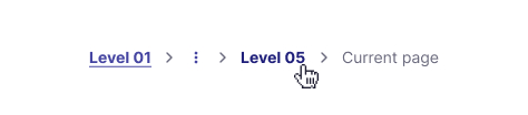 Imagem representando um breadcrumb com 5 níveis e o ponteiro do mouse sobrepondo o quinto nível, demonstrando que há interação.
