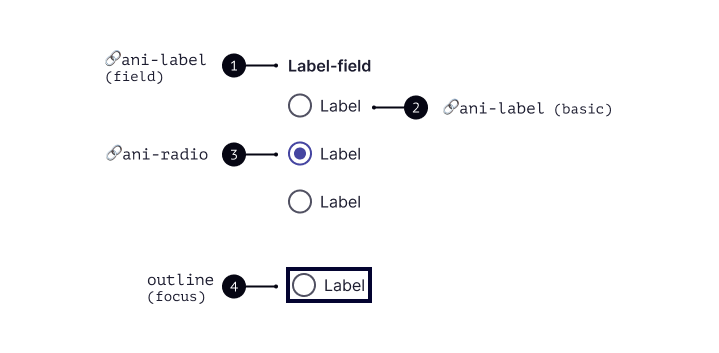 Anatomia dos radiogroup, indicando as 4 partes: label-field, label, radio e outline