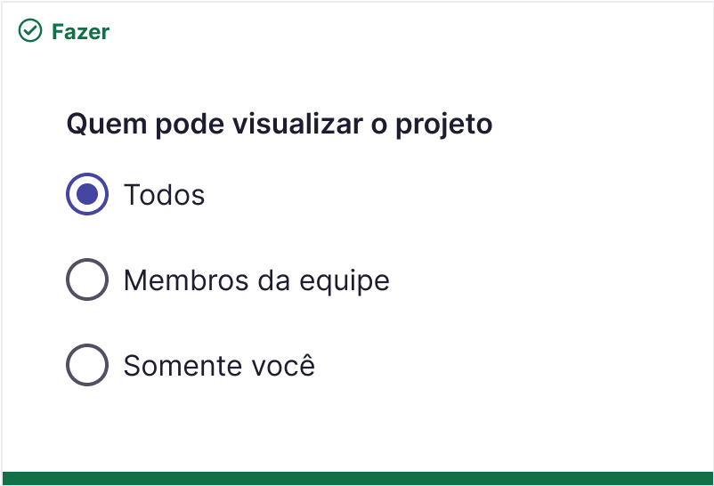 Configuração de acesso a um projeto com 3 opções em radio: Todos, Membros da equipe e Somente você