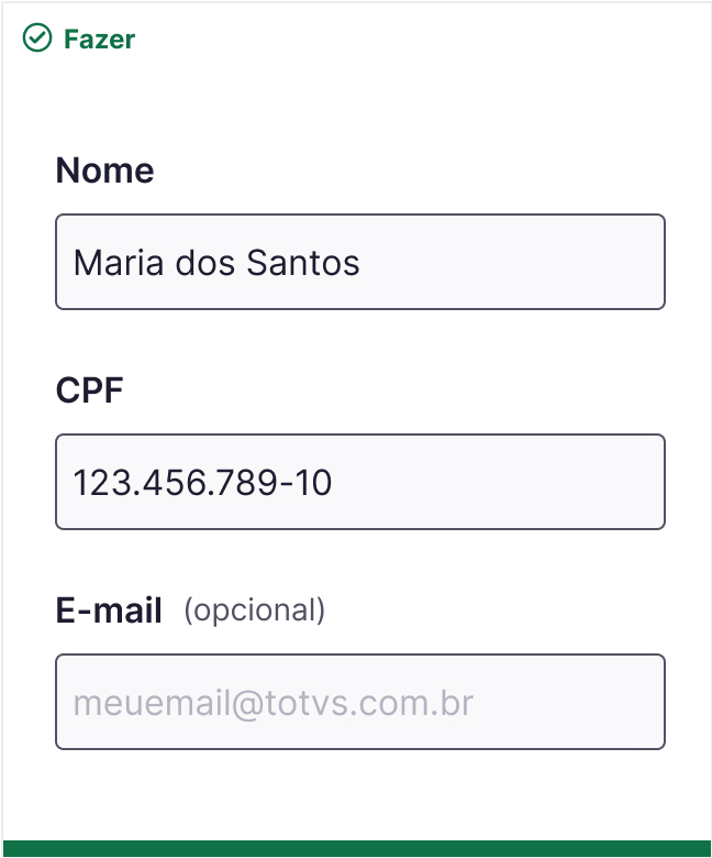 Inputs Nome, CPF e Email, sendo que apenas o email está sinalizado como opcional