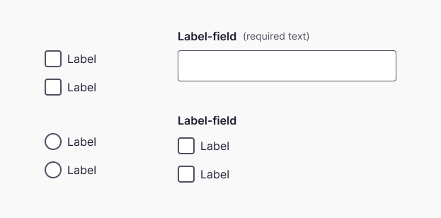 Label basic aplicada com checkbox e radio; e Label field rotulando text field e grupo de checkbox
