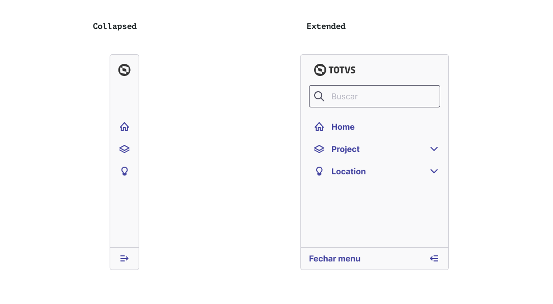 Imagem apresentando 2 variações do menu, sendo 1 collapsed e 2 extended.
