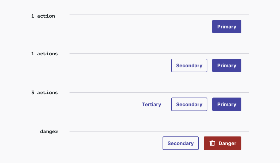 As 4 variações de footer no UI Kit, variando a quantidade de ações