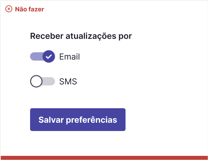 Mesmo exemplo de configuração das atualizações e o botão para salvar, mas usando switches nas opções'